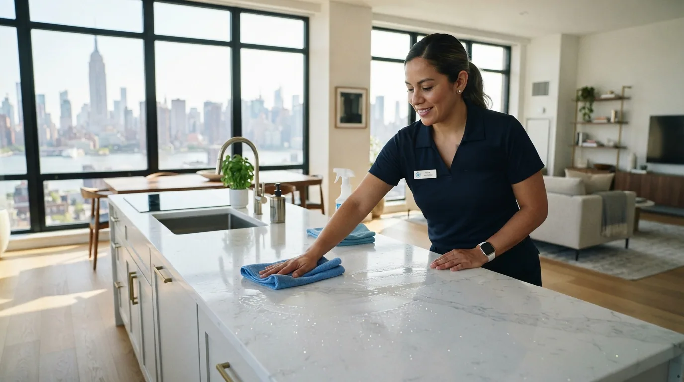 Cleaning specialist finishing a kitchen counter in an Astoria apartment